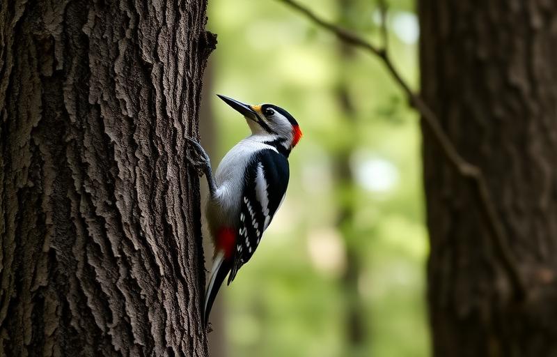 Woodpecker pecking on a tree trunk in a forest