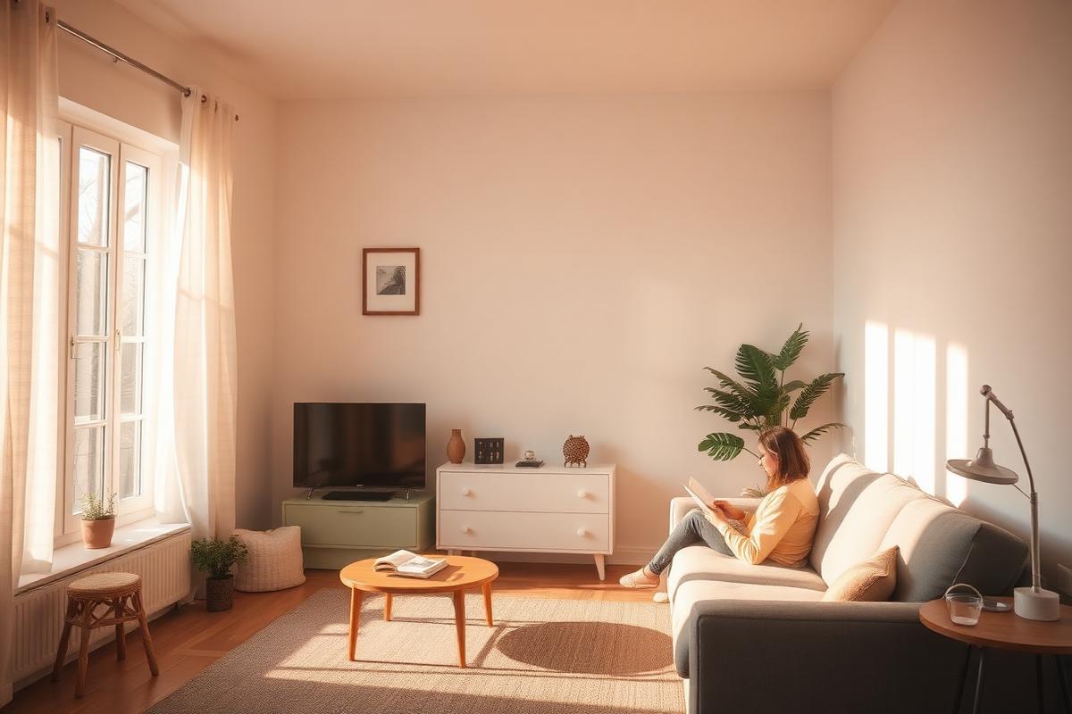 quiet living room representing safe noise levels below 70 decibels