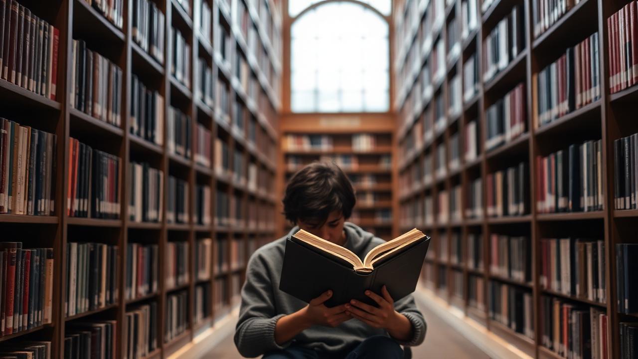 person reading in quiet library environment
