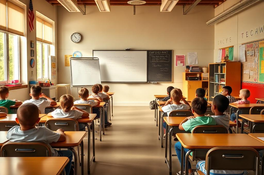 elementary school classroom with children sitting at desks