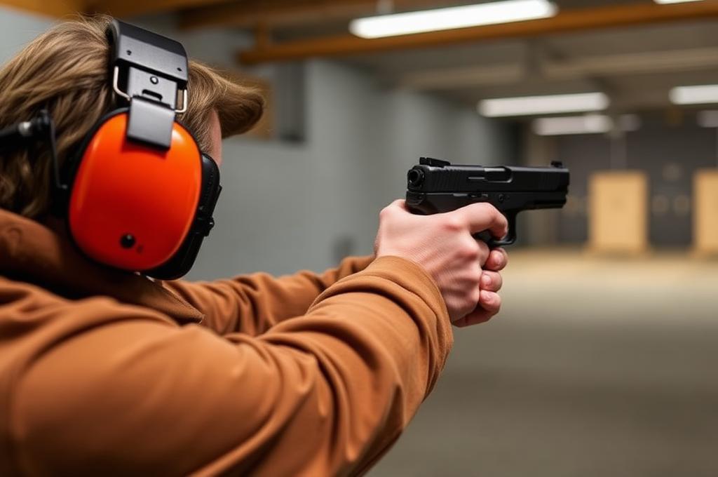 person at shooting range wearing ear protection muffs