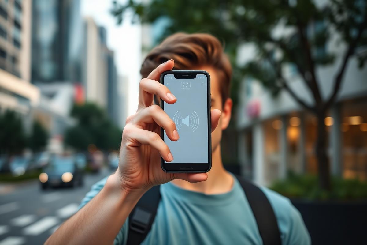 person using smartphone to measure noise decibel levels in an urban environment