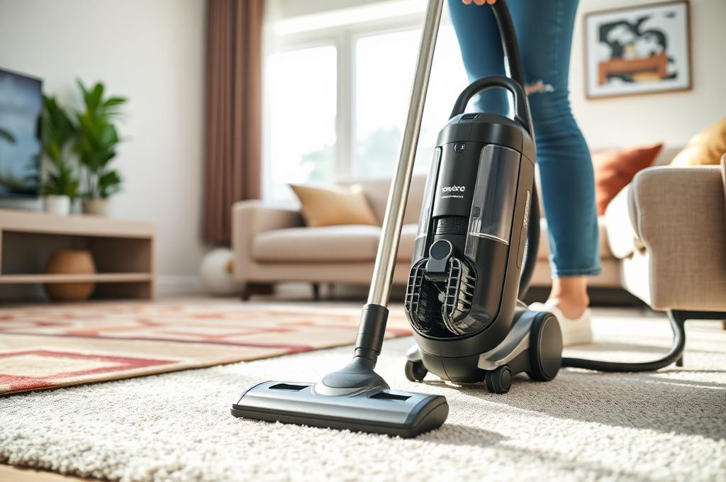 vacuum cleaner being used on carpet in living room
