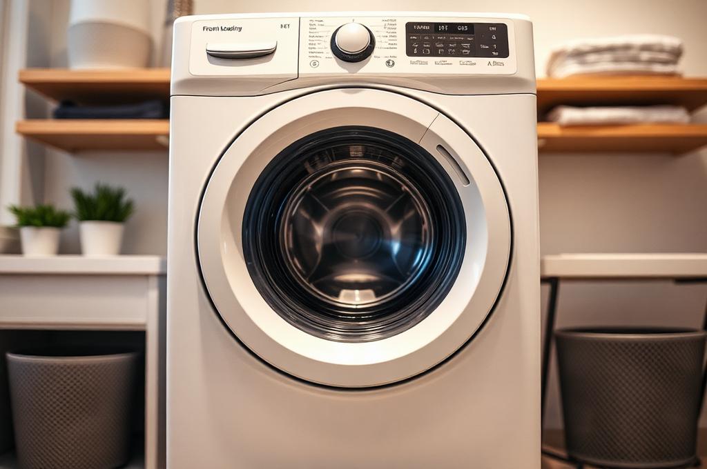 front-loading washing machine running in modern laundry room