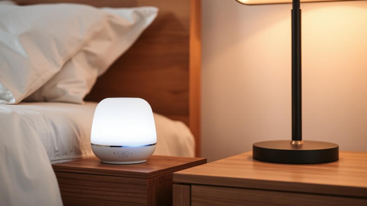 white noise machine on nightstand beside bed