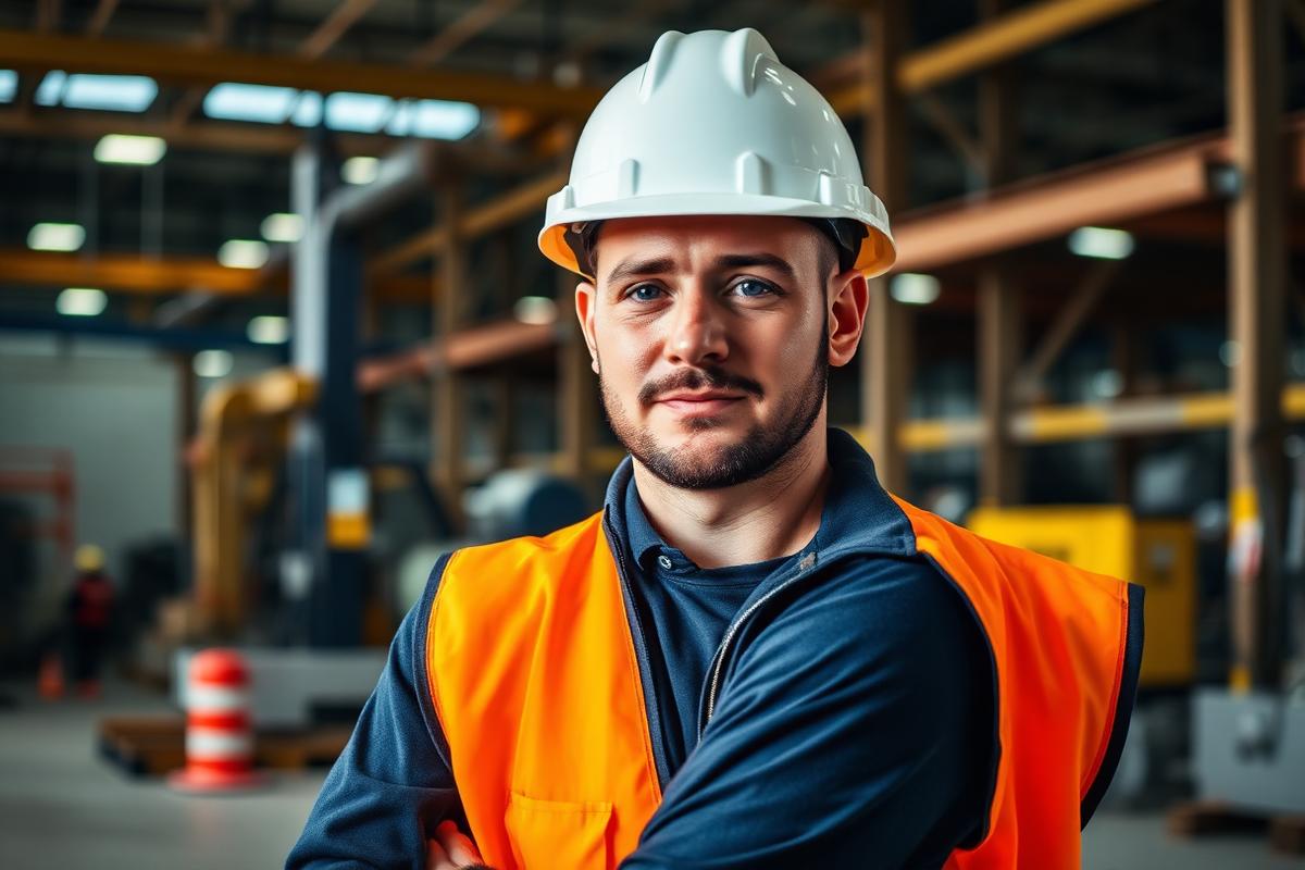industrial worker in a noisy warehouse environment requiring hearing protection